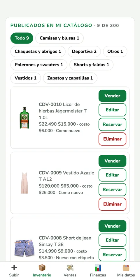 App Inventario con los productos publicados, su código, precio y botones para vender, editar o reservar