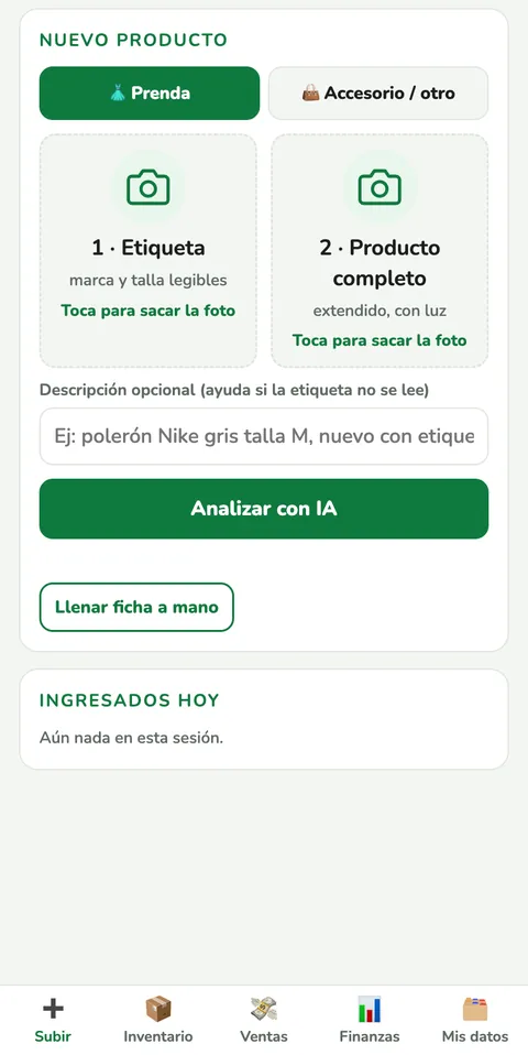 App Inventario: pantalla para subir la foto de la etiqueta y la del producto