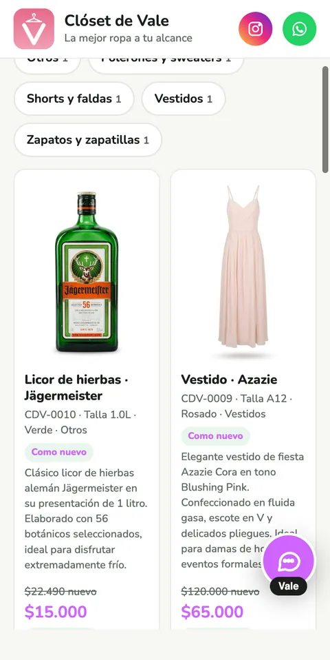 Catálogo en línea de la tienda de ejemplo Clóset de Vale, con fotos, precios y botón Mía