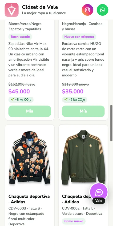 App Catálogo con zapatillas Nike, camisa HUGO y chaquetas Adidas, con precios y botón Mía